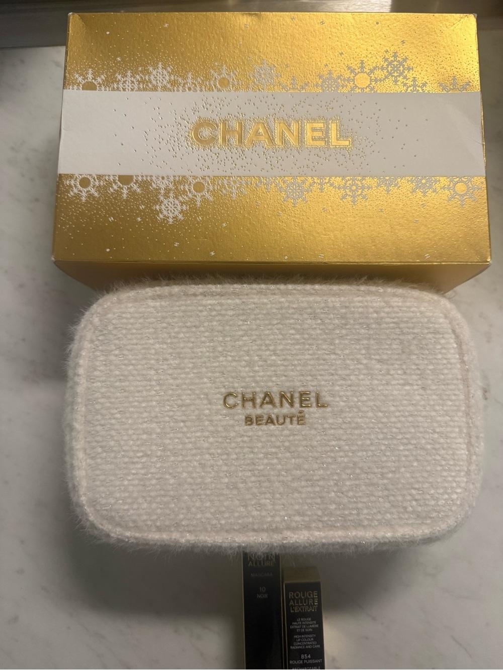 CHANEL Black Mascara & Red Lipstick Set with Cream Pouch